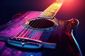 Poster - 3D acoustic guitar with vibrant colors reflecting light in a dimly lit studio during an evening jam session. Generative AI