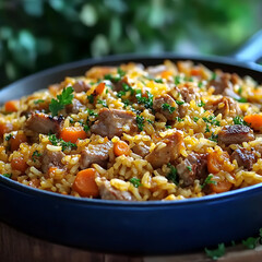 Delicious rice dish with meat and vegetables, garnished with fresh herbs, showcasing vibrant colors and textures. Perfect for hearty meal