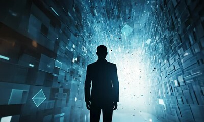 a solitary figure stands in a futuristic digital environment, surrounded by glowing data streams and