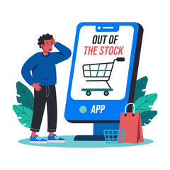 Poster - A flat illustration of a character with mobile showing out of stock typography 