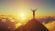 © Gun - Person Silhouette Standing on Mountain Peak Against a Vibrant Sunrise Sky