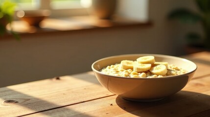 Sticker - A bowl of creamy porridge topped with fresh banana slices sits on a sunlit wooden table in a cozy home setting.