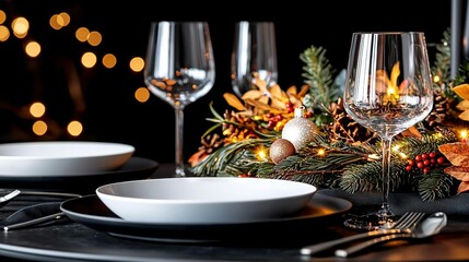 Poster -  A festive holiday dinner table, complete with wine glasses, silverware, and a twinkling garland of lights