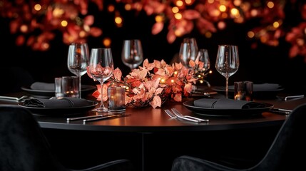 Poster -   A zoomed-in image of a table adorned with wine glasses and a bouquet of flowers