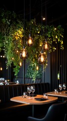 Poster -   A restaurant adorned with chandeliers dangling from the ceiling and featuring tables laden with stemware