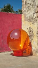 Wall Mural -   An enormous orange orb rests atop a concrete surface adjacent to a coral-colored wall and a scarlet backdrop