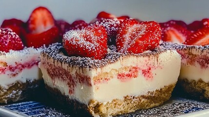 Wall Mural -   A dessert featuring strawberries and powdered sugar adorning a blue and white serving platter