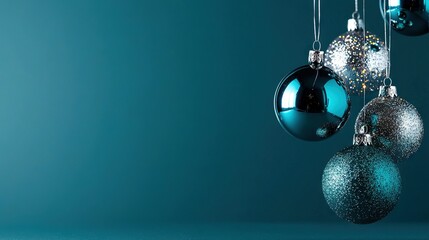 Wall Mural -   A blue and silver Christmas ornament hangs from a line of silver and blue Christmas ornaments