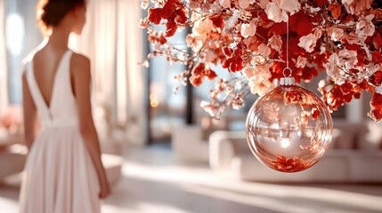 Wall Mural -   A woman in white stands by a red-and-white flowered tree