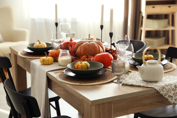 Wall Mural - Stylish table setting with beautiful autumn decor in dining room