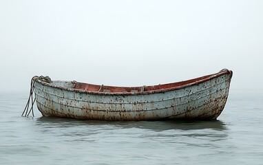 A weathered, red and white rowboat sits in calm, foggy water.