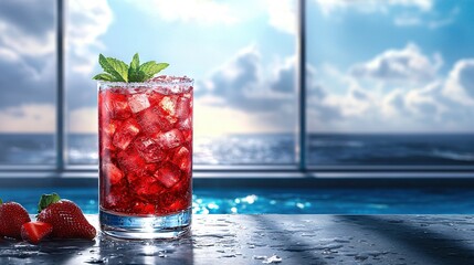 Wall Mural -   A refreshing drink with ice and strawberries placed on a table by a window with an ocean view