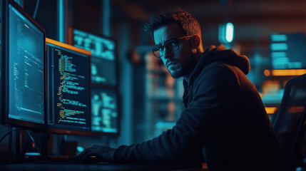 Portrait of male programmer in office. Development programmer working software and coding technology