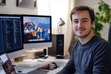Portrait of male programmer in office. Development programmer working software and coding technology