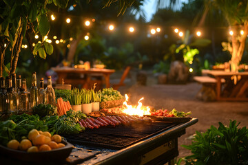 BBQ grill lit up for an outdoor party, surrounded by fresh ingredients