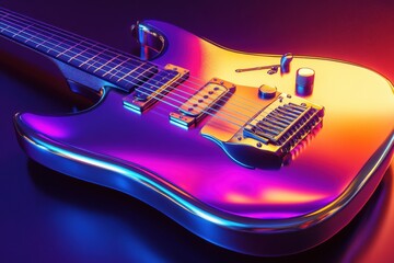 Poster - Beautifully designed 3D guitar with vibrant colors and reflections. Generative AI