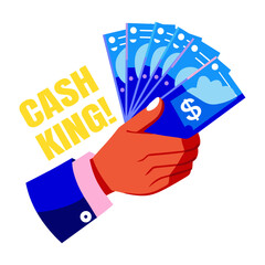 Sticker - Hand giving out dollar bills with text cash king, flat sticker 