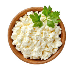 Wall Mural - Cottage cheese, curd in wooden bowl, top view isolated on transparent background