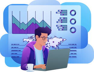 Man, business person student on laptop remote home working writing analysing website internet document infographic stats. Cartoon data analysis, financial stock market trading report finance concept.