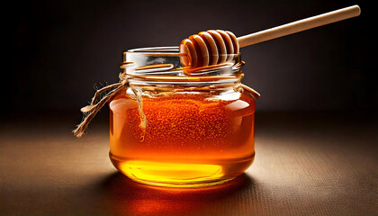 Golden honey in a glass jar with a wooden honey dipper.  Rich, close-up image perfect for food blogs, packaging, or healthy lifestyle content.  Visually appealing and high-quality photography.