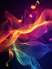Aufkleber - Vibrant 3D music notes floating over dynamic colorful waves in an abstract background. Generative AI