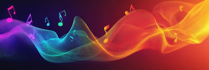 Aufkleber - Vibrant 3D music notes flowing through colorful abstract waves in a digital design. Generative AI