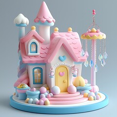 Wall Mural - Whimsical Pastel Candy Castle 3D Render A charming illustration of a fairytale house with candy elements and pastel colors.