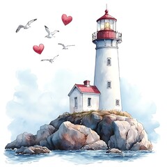 Poster - Watercolor illustration of a charming lighthouse on a rocky outcrop, surrounded by seagulls and hearts, symbolizing love and guidance.