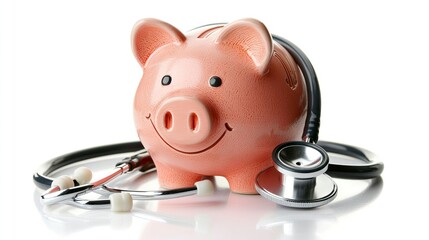 Wall Mural - Piggy bank with stethoscope, healthcare costs concept. (1)