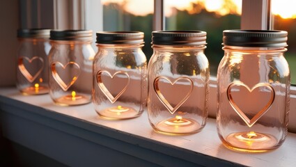 Poster - Glowing Heart-Shaped Mason Jars on a Sunny Windowsill