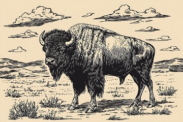 Wall Mural - Hand-drawn illustration of a majestic American bison standing in a prairie landscape under a cloudy sky.