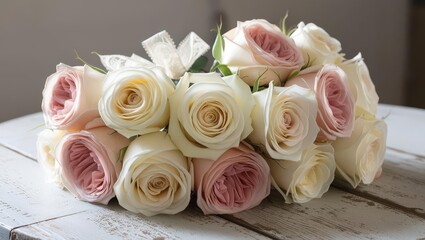 Wall Mural - Beautiful Arrangement of White and Pink Roses on Rustic Table