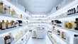 © alisya - Modern, bright laboratory or pharmacy interior with shelves of bottles and containers.