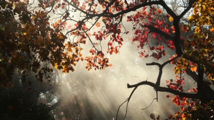 114.low viewpoint of autumn trees draped in thick fog in a spanish forest, with colorful leaves and 