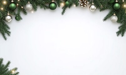 Wall Mural - Festive holiday border with ornaments and pine branches on white background.