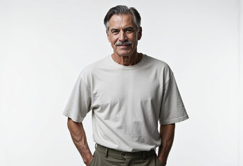 Portrait of an elderly gray-haired man on a white background, smiling