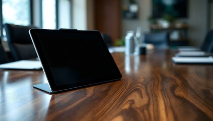 Wall Mural - Side view of microphone and tablet computer placed on meeting table in conference room of local administration, copy space