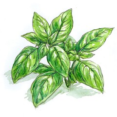 Wall Mural - Watercolor Painting of Fresh Green Basil Leaves, Ideal for Culinary and Herbal Designs.