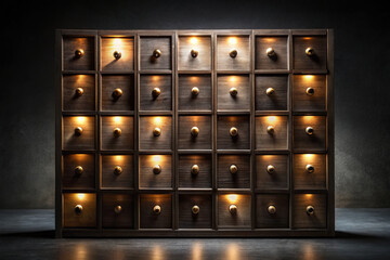 Wall Mural - wooden cabinet with illuminated drawers creates rhythmic light display, enhancing ambiance of dark space. design features multiple compartments, perfect for storage