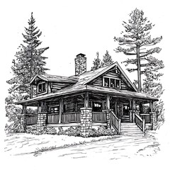 Wall Mural - Ink Drawing of a Craftsman-Style House Nestled Among Tall Pine Trees.