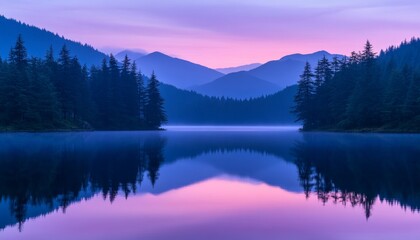 Wall Mural - Purple Sunset Serenity, Tranquil Lake Reflections, Mountain Forest Silhouette, Nature Photography