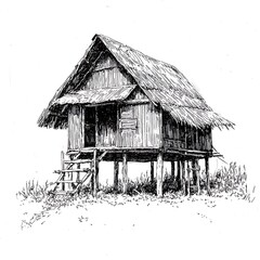 Wall Mural - Ink Drawing of a Stilt House in a Lush Tropical Setting.