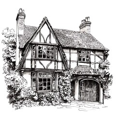 Wall Mural - Ink Sketch of a Charming Tudor-Style House with Lush Greenery.