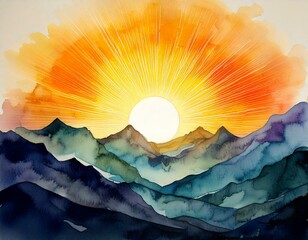 Wall Mural - Illustration of a glowing sun emerging behind watercolor mountains, symbolizing renewal with empty copy space