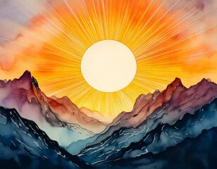 Wall Mural - Illustration of a glowing sun emerging behind watercolor mountains, symbolizing renewal with empty copy space