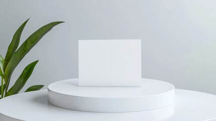 Creative Blank Card Display on White Pedestal with Green Plant Accent in Minimalist Setting