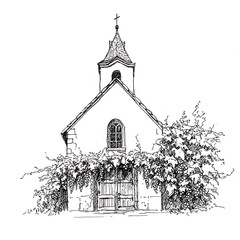 Wall Mural - Ink Drawing of a Rustic Chapel Overgrown with Vines.