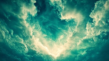 Wall Mural - Turquoise Cloudscape, Subtle Heart Shaped Opening in Atmospheric Sky, Dramatic Clouds, Background