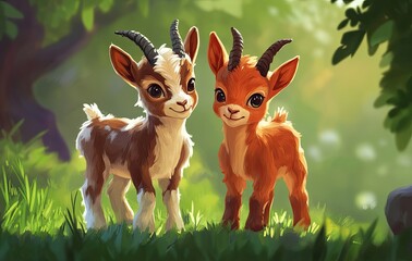 Canvas Print - Two baby goats standing on the grass, cute and adorable