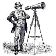 A 19th-Century Gentleman with a Large Telescope on a Tripod in a Hand-Drawn Illustration.